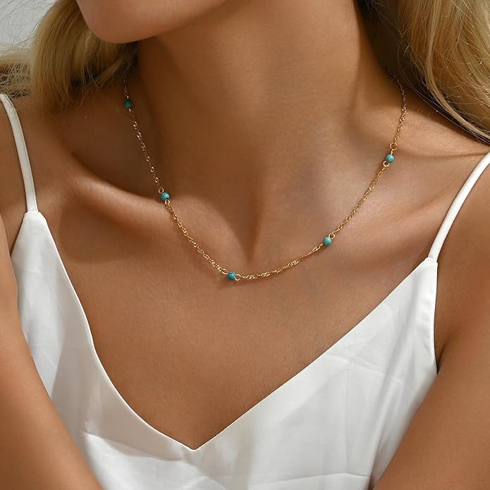 Gold Chain Necklace for Women Dainty 18K Gold Plated Thin Satellite Beaded Turquoise Necklace Simple Gold Boho Jewelry