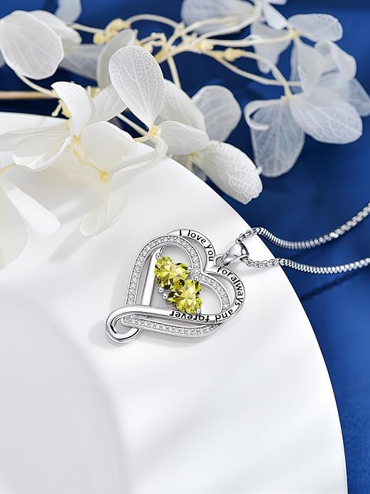 I Love You for Awlays and Forever Double Heart Necklace with Birthstone, 2 Birth Stone Jewelry Anniversary Valentines Mothers Day Christmas Birthday Gifts for Women Her Wife Girlfriend Mom Mother