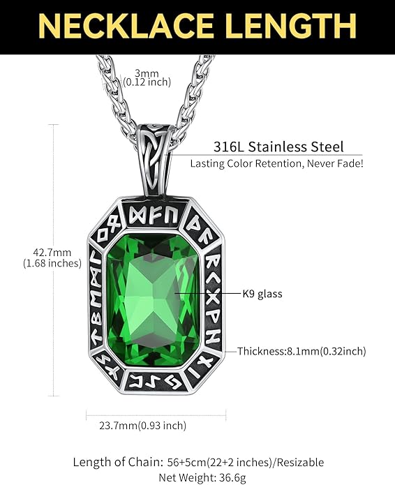 ChainsHouse Viking Rune Pendant Necklace for Men Women, Punk Biker Black Metal/316L Stainless Steel Onyx Norse Vintage Amulet Necklaces with Black/Red/Green/Blue Gemstone, Send Gift Box