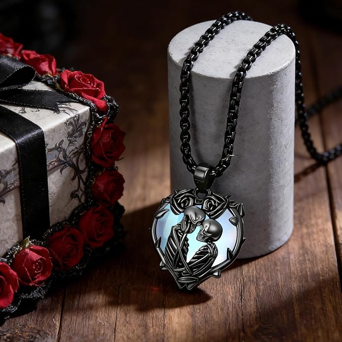 Flpruy 925 Sterling Silver Black Gothic Jewelry Gifts Skeleton Couple Pendant Crystal Birthstone Heart Necklace Punk Romantic Jewelry for Lover Men Women
