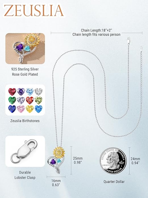 Zeuslia Double Birthstone Necklace Gifts for Wife - 925 Sterling Silver Sunflower/Rose/Crown Cross/Compass/Heart Pendant I Love You Necklace, Anniversary Birthday Gifts for Wife Girlfriend Mom Her