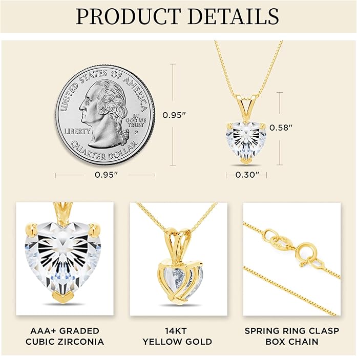 Everyday Elegance Solid 14K Gold Cubic Zirconia Solitaire Pendant Necklace for Women Heart, Princess, Round, Oval, Emerald, Pear & Cushion Cut 1 or 2 CTW | .60mm Thick 16" 18" Length Box Link Chain