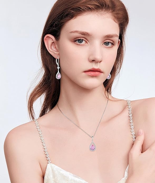 925 Sterling Silver Created Pink Tourmaline Jewelry Set for Women Teardrop Birthstone Dangle Drop Earrings and Necklace Set Jewelry for Her