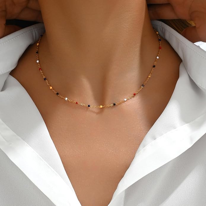 Gold Chain Necklace for Women Dainty 18K Gold Plated Thin Satellite Beaded Turquoise Necklace Simple Gold Boho Jewelry