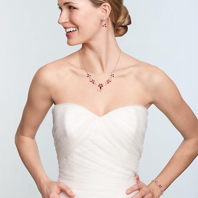 Crysdue Flower Leaf Wedding Jewelry Set for Bridal Bridemaid, Cubic Zirconia Teardrop Elegant Silver/14K/Rose Gold Plated Vine Necklace Dangle Earrings for Prom Party