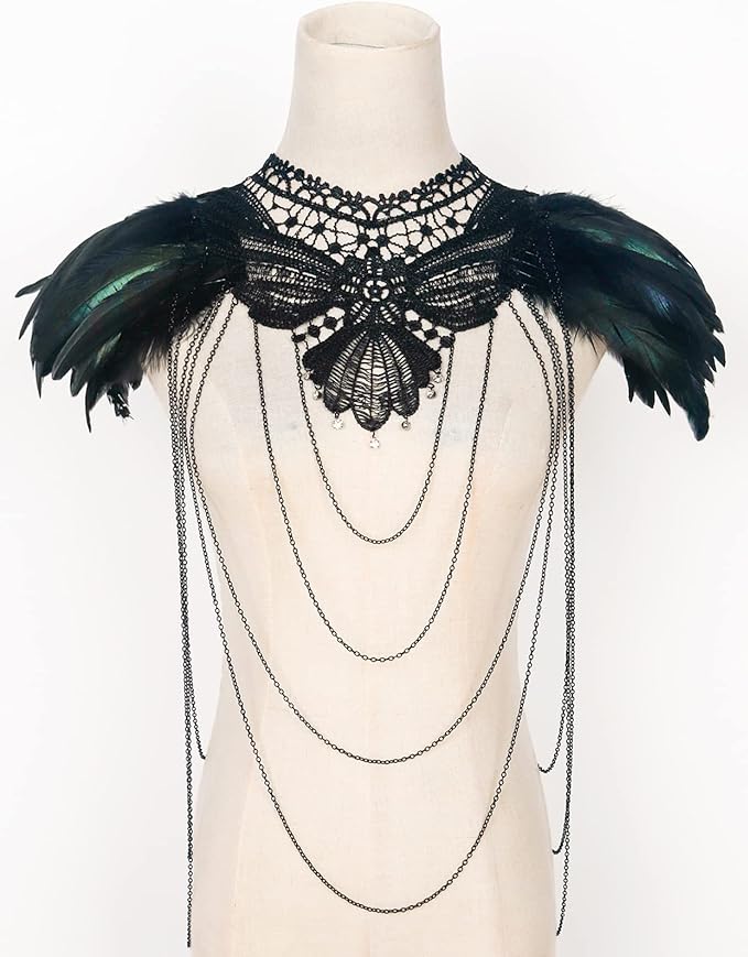 L'VOW Real Black Feather Harness Lace Collar Necklace Bib Halloween