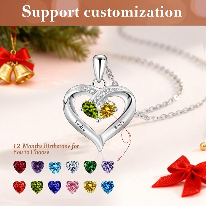 JOBFLY S925 Sterling Silver Customized 2 Birthstone Heart Necklace with 2 Name Engraved Personalized Mother Daughter Necklace Couple Jewelry Christmas Birthday Gift