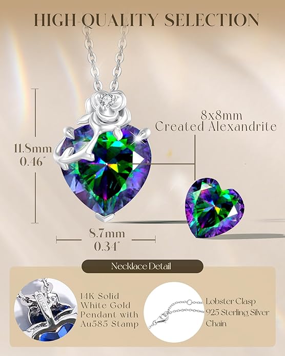 FANCIME 14K Solid White Gold Rose Pendant with Sterling Silver Chain Heart Birthstone Gemstone Fine Jewelry Christmas Gifts for Women Her