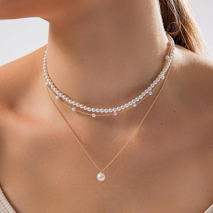 Gold Jewelry Set for Women - Dainty 14K Gold/Silver Plated Pearl Choker Necklace, Drop Earrings & Bracelets - Wedding Trendy Pearl Jewelry Gift