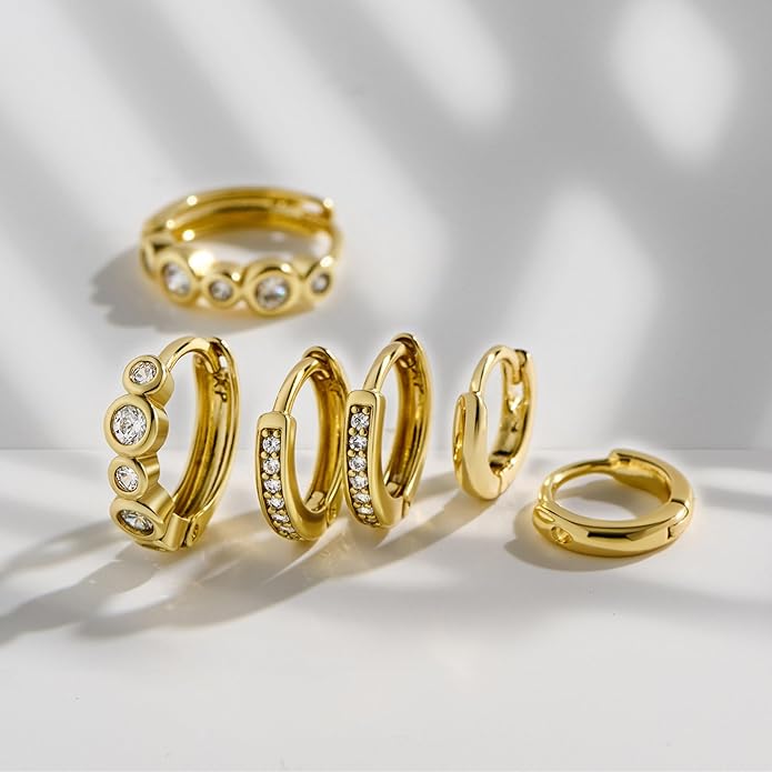3Pairs Small Gold Huggie Hoop Earrings for Women,Romantic heart,Twisted braid two colors,3 CZ Hoop,5 Round Zircon Sport Hoops Earrings Set,14K Gold Filled Silver Hypoallergenic Earring Excellent gift