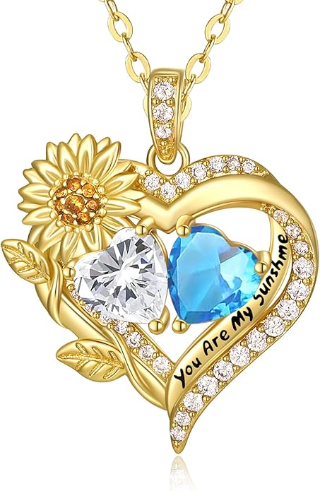 Sunflower Heart Necklace for Women 14K Gold Exquisite Anniversary Birthday Gifts for Wife Mother Her Double Birthstone Pendant jewelry‘You Are My Sunshine’