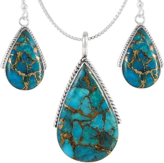 Turquoise Network Genuine Gemstones Necklace Earrings Pendant Set in 925 Sterling Silver (24" Length)