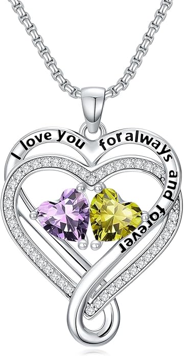 I Love You for Awlays and Forever Double Heart Necklace with Birthstone, 2 Birth Stone Jewelry Anniversary Valentines Mothers Day Christmas Birthday Gifts for Women Her Wife Girlfriend Mom Mother