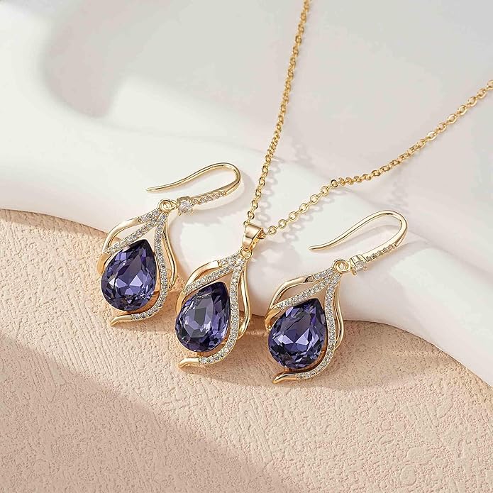 EVEVIC Austrian Crystals Teardrop Hollow Twisted Pendant Necklace Earrings for Women 14K Gold Plated Halo Drop Dangle Earrings Hypoallergenic Jewelry Set