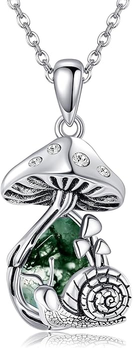 YAFEINI Mushroom Necklace Moonstone/Moss Agate/Malachite/Labradorite/Turquoise/Amber/Larimar/Black Onyx/Lapis Lazuli/Peridot/Opal Sterling Silver Mushroom Pendant Mother's Day Jewelry for Women Mom