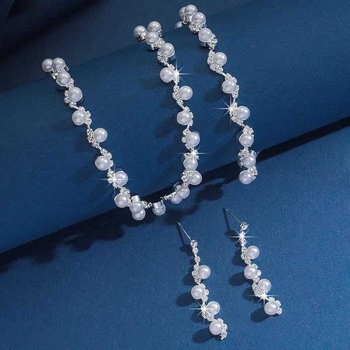 la luen Pearl Bride Wedding Jewelry Set Faux Pearls Crystal Rhinestone Necklace Earrings Bracelet Sets for Women Bridesmaid(3 PCS)