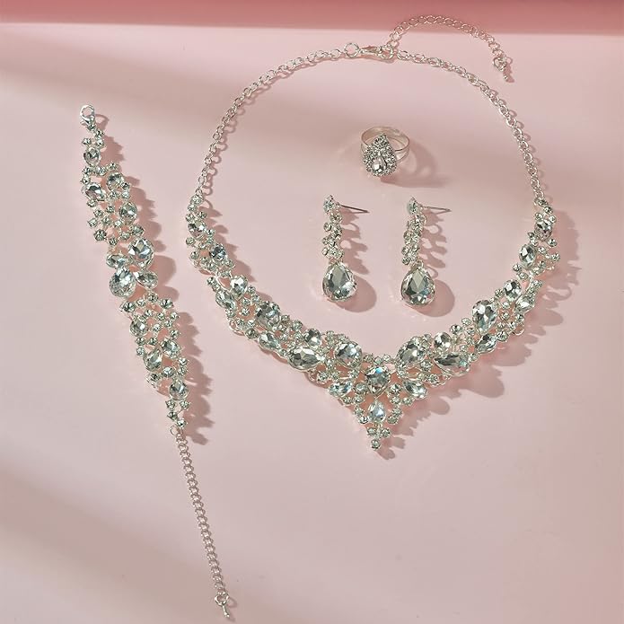 Paxuan Crystal Bridal Wedding Jewelry Sets for Women Rhinestone Teardrop Crystal Statement Choker Necklace Drop Earrings Link Bracelets Rings Teardrop Jewelry Set for Brides Bridesmaids