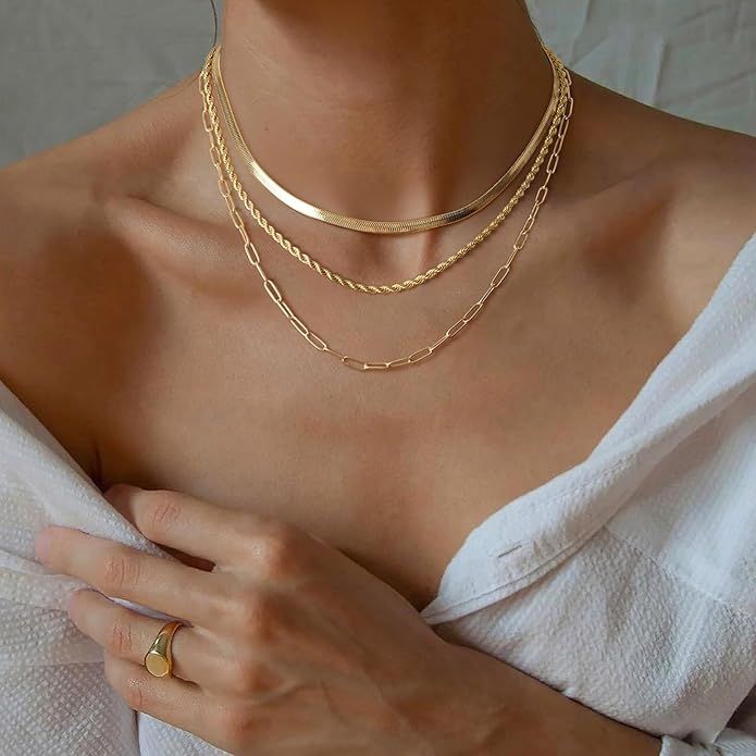 Layered Gold Necklace for Women Dainty 14K Gold/Silver Plated Stacked Necklace for Women Trendy Cuban Paperclip Herringbone Chain Diamond Pendant Necklaces Jewelry Set Accessories Gift
