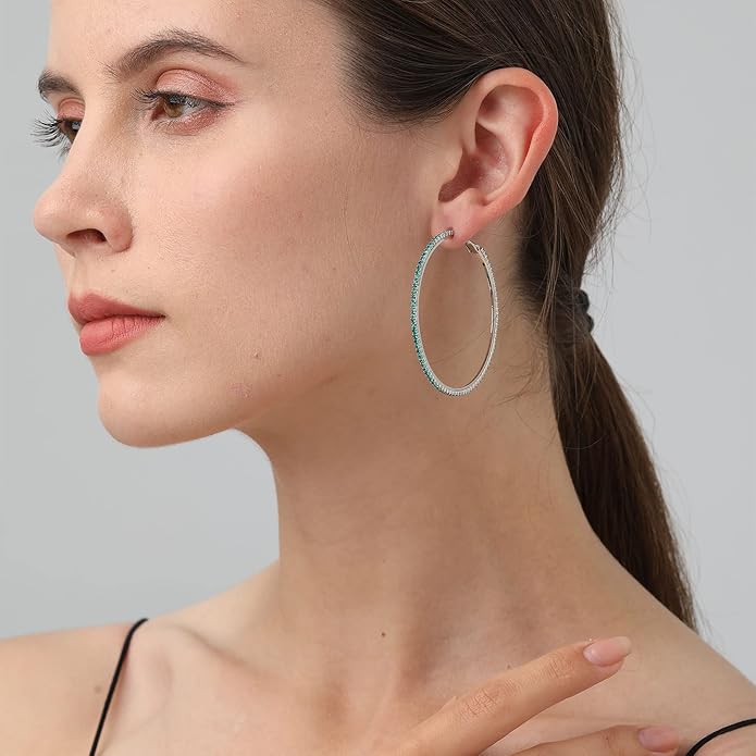 925 Sterling Silver Earrings Large Rhinestone Hoop Earrings Big Cubic Zirconia Hoop Earrings Thin Rhinestones Round Hoop Earrings for Women 20/30/40/50/60/70mm Sparkly Hoops With Crystals for Womens