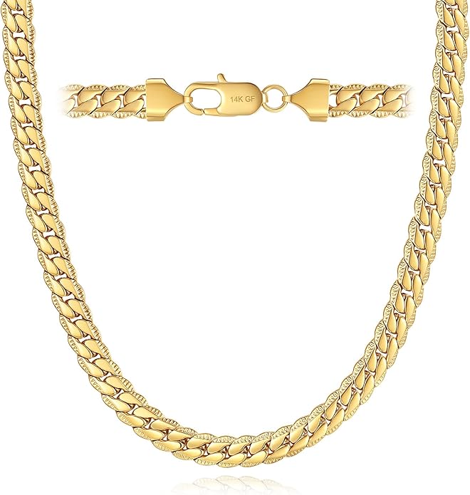 DFUNH 7MM Cuban Link Chain for Men Silver Chains, Silver Mens Chain Necklace,316L Stainless Steel and 14K White Gold /14K Gold Filled, Gold/Silver Chain for Men Necklace
