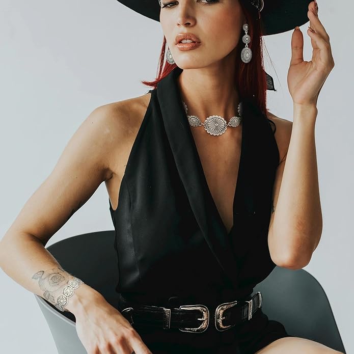 3 Pcs Western Concho Costume Jewelry Set for Women Western Dangle Earrings Boho Choker Necklace Bohemian Cuff Bracelet Cowboy Chic Country Concert Outfits for Women Christmas Jewelry Gift