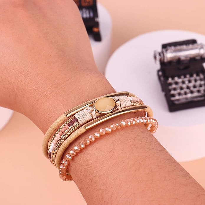 FANCY SHINY Leather Wrap Bracelets Crystal Beads Bracelet Boho Cuff Stone Charm Bracelets with Clasp Costume Jewelry for Women