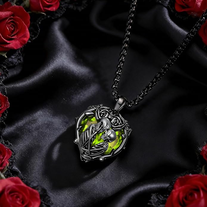 Flpruy 925 Sterling Silver Black Gothic Jewelry Gifts Skeleton Couple Pendant Crystal Birthstone Heart Necklace Punk Romantic Jewelry for Lover Men Women