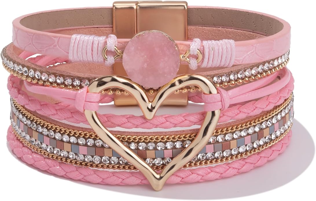 FANCY SHINY Heart Leather Wrap Bracelets Stackable Boho Cuff Bangles Trendy Resin Stone Rhinestone Bracelets with Magnetic Clasp for Women