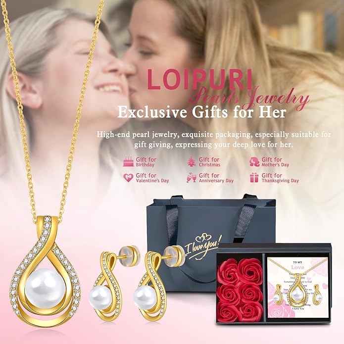 Infinity White Black Pearl Necklace and Earrings Set for Women Gifts for Mom Birthday Mothers Day AAA+ Handpicked Pearl 14K Gold/White Gold Plated Adjustable Jewelry