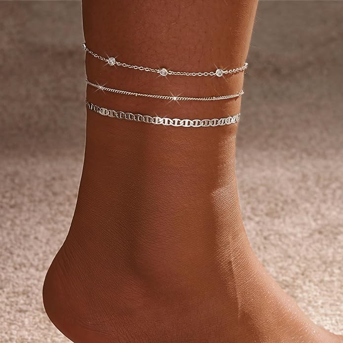 Gold Ankle Bracelets for women,14k Gold/Silver Plated Waterproof Layered lightweight Cuban Link Figaro Chain Heart anklet butterfly anklet Pearl Ankle Bracelets Set Gold Anklets for women Trendy Jewelry Gift for Women