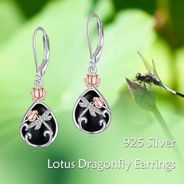 AOBOCO Butterfly/Dragonfly/Bee/Ladybug Leverback Earrings 925 Sterling Silver Rose Lotus Tulip Flower Filigree Dangle Earrings Teardrop Moonstone Larimar Turquoise Abalone Shell Jewelry Birthday Gifts for Women