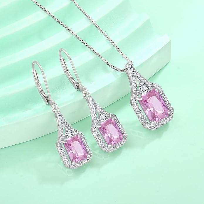 Emerald Cut Dangle Drop Earrings 925 Sterling Silver Halo Rectangular Leverback Earrings Birthstone Jewelry for Women