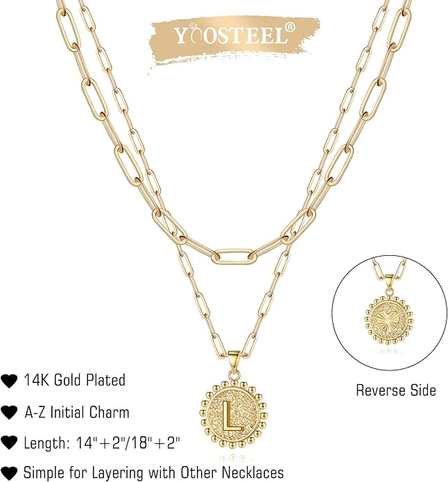 Yoosteel Gold Initial Necklaces for Women, 14K Gold Plated Dainty Layering Paperclip Link Chain Necklace Coin Initial Layered Necklaces for Women Personalized Birthday Gifts