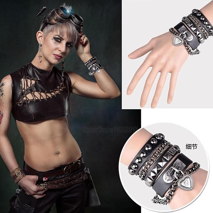 LAPOHI 6 PCS Leather Bracelets for Men Women Punk Goth Rock Spiked 80s Stuff Cool Metal Studded Accessories Black Cuff Wristband for Party Cosplay Night Club Sexy Gift Halloween