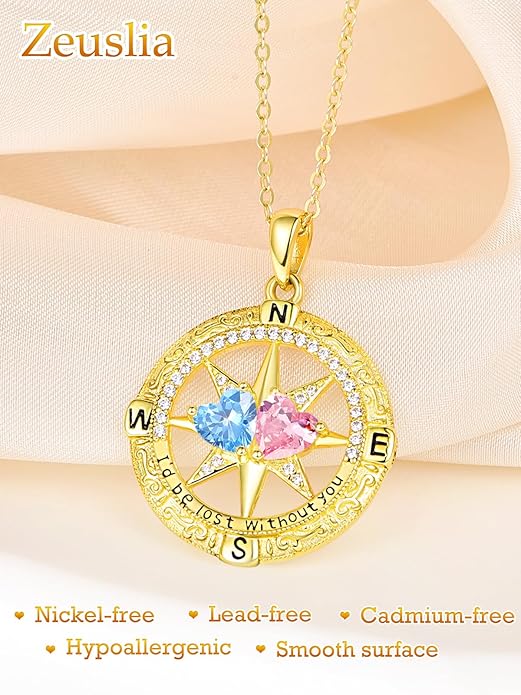 Zeuslia Double Birthstone Necklace Gifts for Wife - 925 Sterling Silver Sunflower/Rose/Crown Cross/Compass/Heart Pendant I Love You Necklace, Anniversary Birthday Gifts for Wife Girlfriend Mom Her