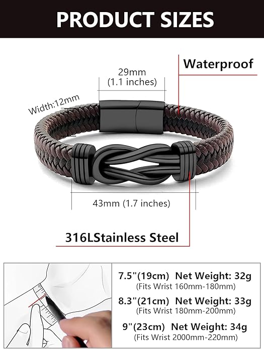 Mens Black Braided Leather Bracelet, Green/Red/Brown/Black Braided Leather Infinity Knot Bracelets for Men with Stainless Steel Clasp, 7.5/8.5/9in Length