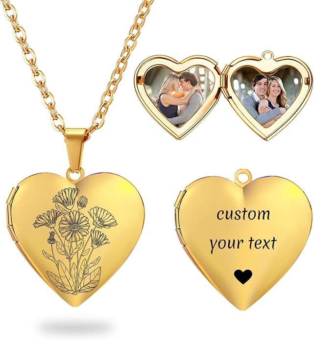PHOCKSIN Personalized Locket Necklace for Women Photo Necklace with Customized Picture Birth Flower Birthstone New Years Gifts for Women