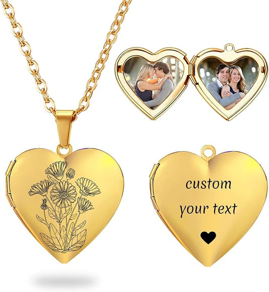 PHOCKSIN Personalized Locket Necklace for Women Photo Necklace with Customized Picture Birth Flower Birthstone New Years Gifts for Women