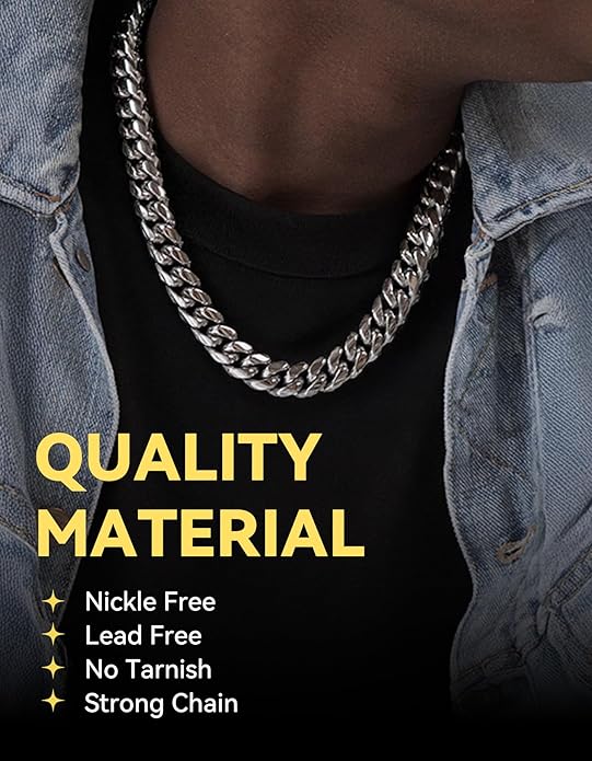 ChainsHouse Miami Cuban Link Chain Necklace for Men, 4.8mm/6mm/10mm/14mm Width, 14K Gold Plated/Stainless Steel/Black Mens Chunky Hip Hop Necklace Curb Chains, 14"-30" Length, Come Gift Box