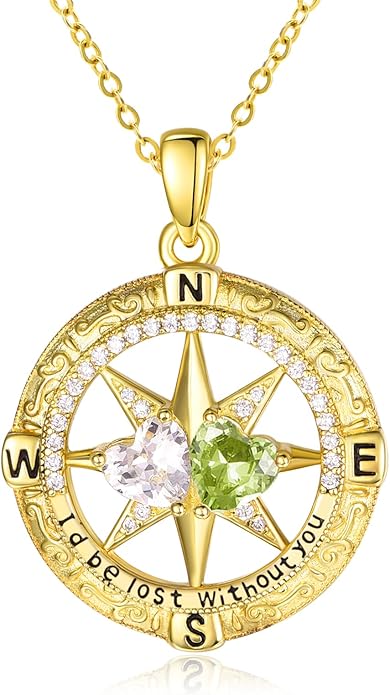 Zeuslia Double Birthstone Necklace Gifts for Wife - 925 Sterling Silver Sunflower/Rose/Crown Cross/Compass/Heart Pendant I Love You Necklace, Anniversary Birthday Gifts for Wife Girlfriend Mom Her