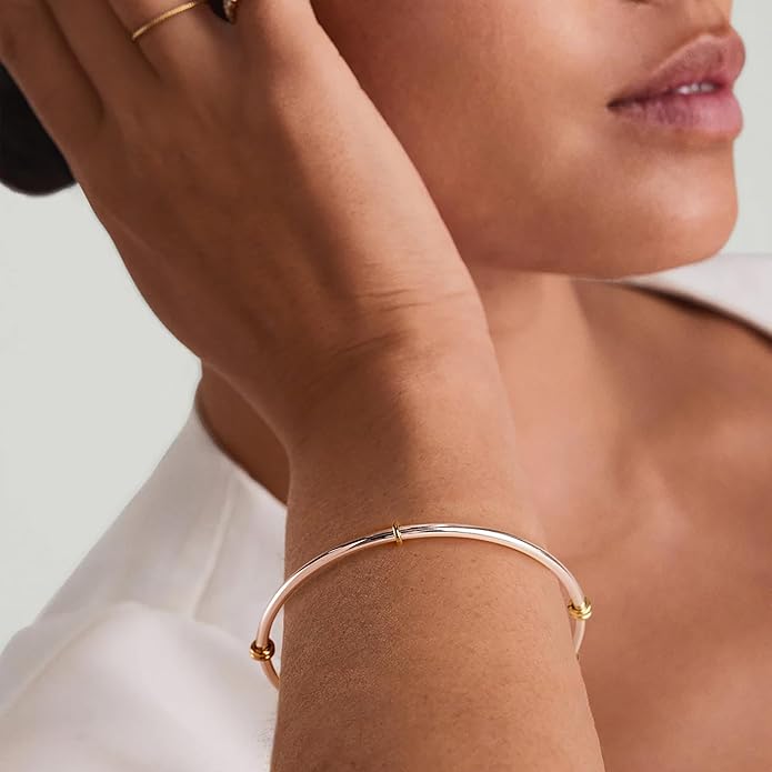 NOKMIT Triple Interlocked Stackable Bangle Bracelets for Women 3-Pack Two-Tone High Polished Stainless Steel Bangle Set Classic Plain Thin Non-Tarnish Gold&Silver