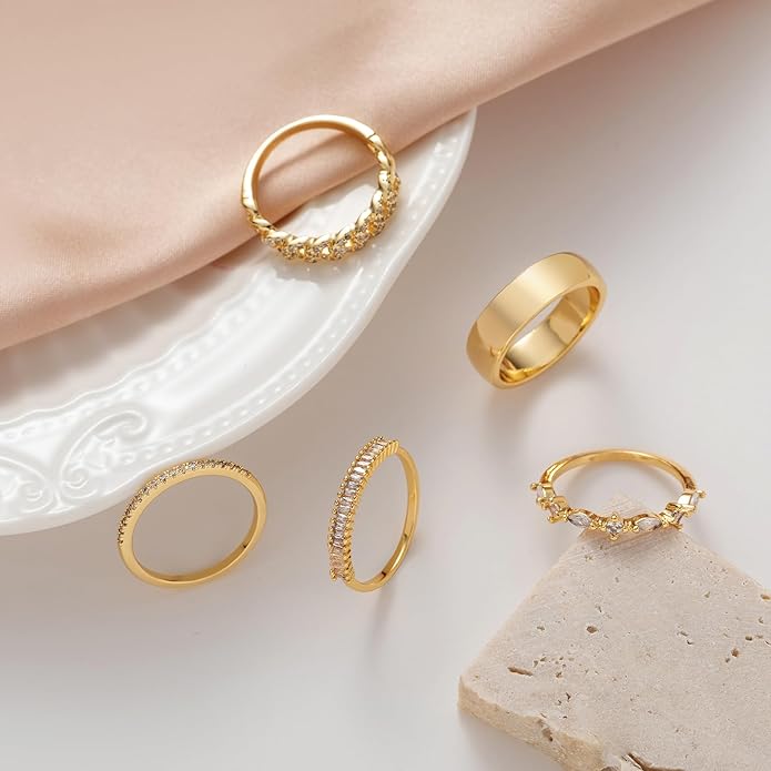 FUNEIA Stackable Gold Rings for Women Non Tarnish Trendy Dainty 14K Gold Plated Stacking Cubic Zirconia Thumb Ring Set Pack Statement Chunky Band Rings Promise Engagement Rings Size 7 8 9 10 11