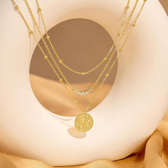 CHESKY 14K Gold Plated Layered Necklaces for Women,Dainty Gold/Silver Plated Chain Necklace CZ Pendant Necklace Adjustable Layering Choker Necklace jewelry Gifts