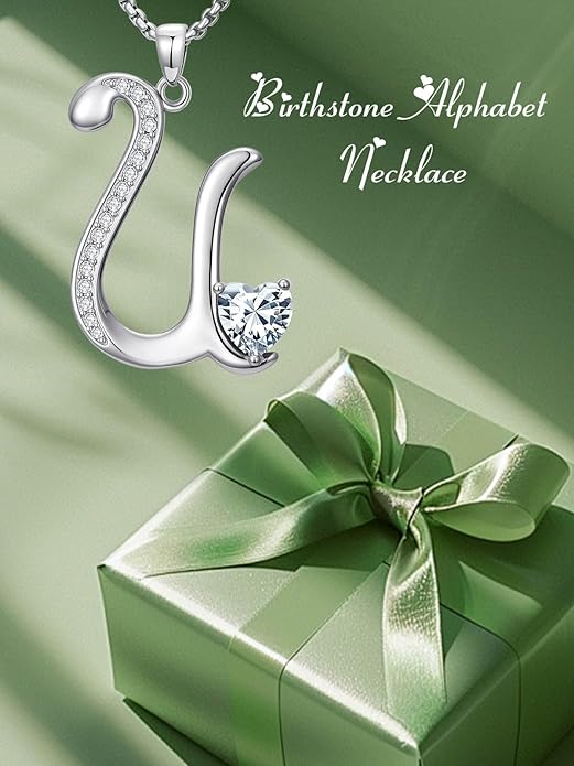 Christmas Gifts for Women Alphabet A to Z Initial Birthstone Pendant Necklaces for Women - 18k White Gold Plated Personalized Name Jewelry Valentine Mothers Day Birthday Gifts for Women Her Girlfriend