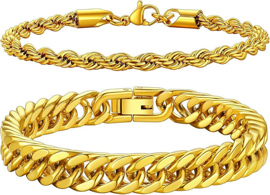 Richsteel 2PCS/3PCS Bracelets Chain for Men Women Stainless Steel Silver/Gold/Black Cuban/Rope Link Chain Bracelets Set, 7.4/8.2/9 Inch Hand Chain Length for Men Women Jewelry