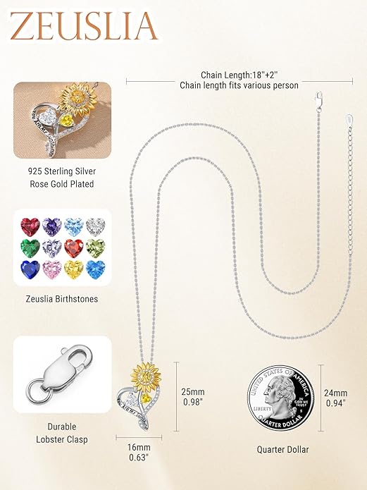 Zeuslia Double Birthstone Necklace Gifts for Wife - 925 Sterling Silver Sunflower/Rose/Crown Cross/Compass/Heart Pendant I Love You Necklace, Anniversary Birthday Gifts for Wife Girlfriend Mom Her