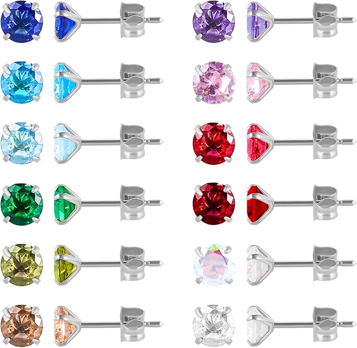 12 Pairs 18K Gold Plated Surgical Stainless Steel Stud Earrings, Star Heart Square Stud Earring for Women, Cubic Zirconia Birthstone Stud Earrings Set