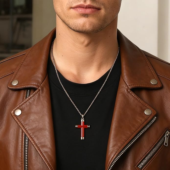 GTMJ Cross Necklace for Men -Stainless Steel & Gemstone Adjustable Box Chain 24-26in, Spiritual Jewelry Gift for Him, Everyday Wear