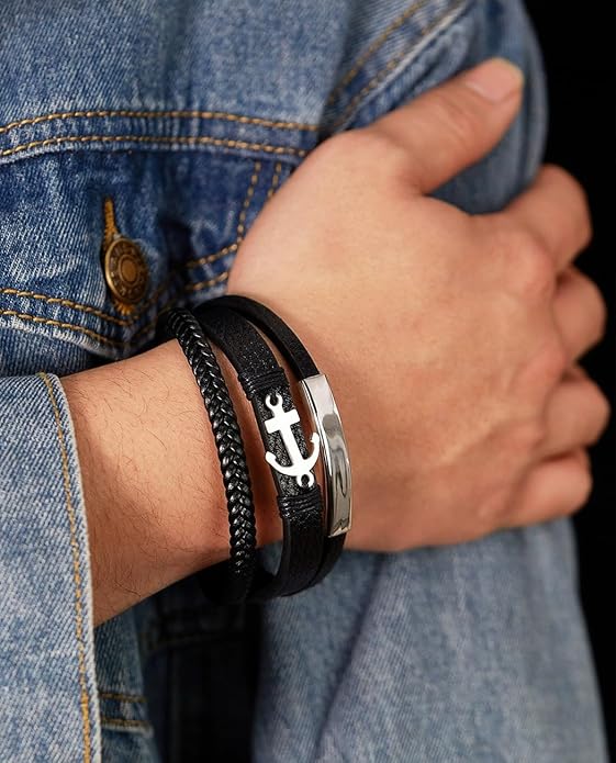 Italian Handmade Genuine Leather Bracelets for Men Stainless Steel Clip, Men's Casual Genuine Multi-layer Cuff Bracelet, Bracelet Gift for Real Men