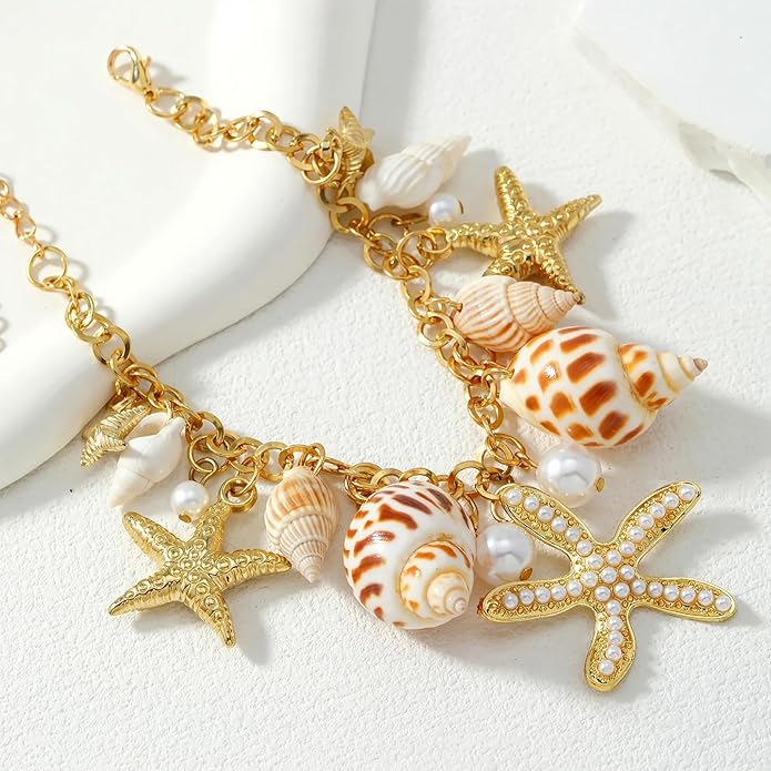 Shell Ankle Bracelet Set for Women, Gold Plated Boho Bead Adjustable Anklet, Hawaiian Beach Seashell Pearl Heart Starfish Conch Foot Jewelry Gifts